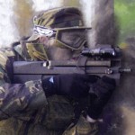 Sighting along gun (ad for Combat South, UK)